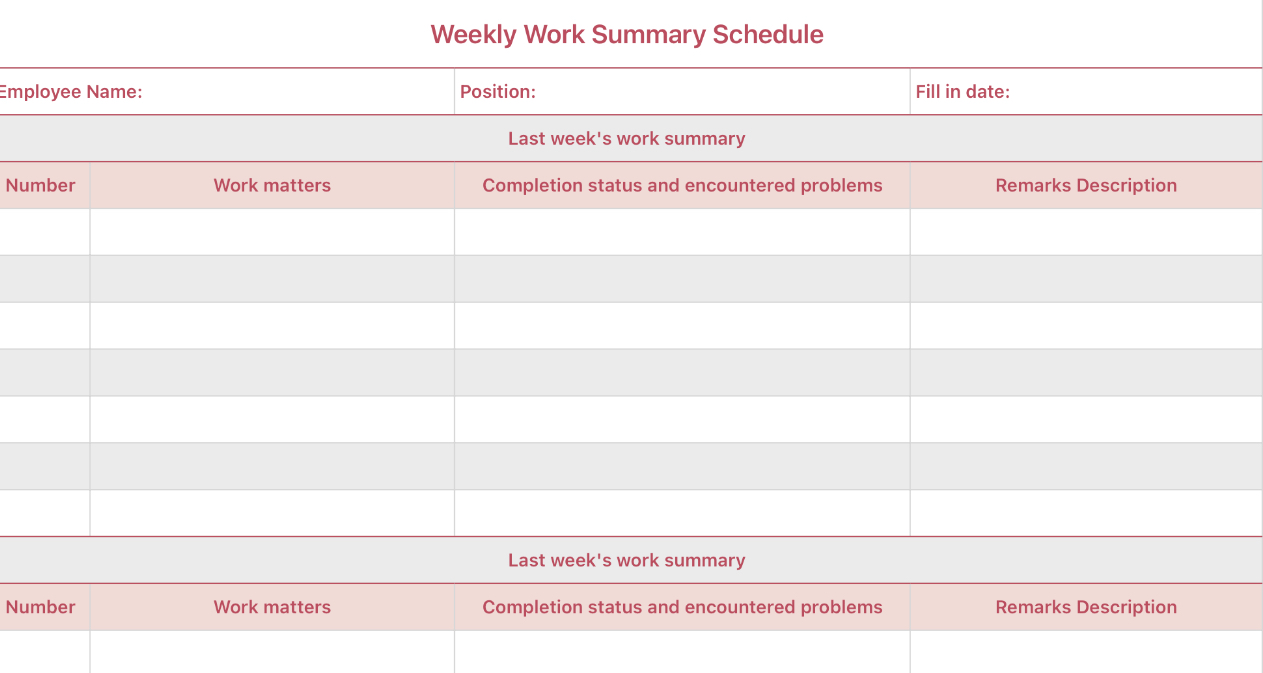 Weekly work summary schedule schedule 1